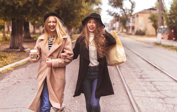 Dos hermosas mujeres caminando por la calle después de ir de compras y d —  Fotos de Stock