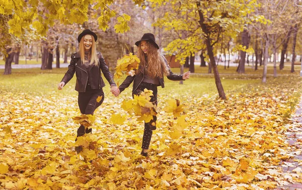 Dvě veselé dívky v kloboucích chůzi v podzimním parku — Stock fotografie