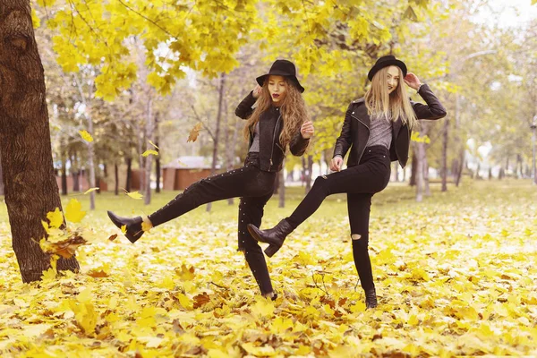Vonzó fiatal két boldog nő kalapot és a fekete ruha, szórakozás a yeloow elhagyja a szabadban mosolyogva — Stock Fotó