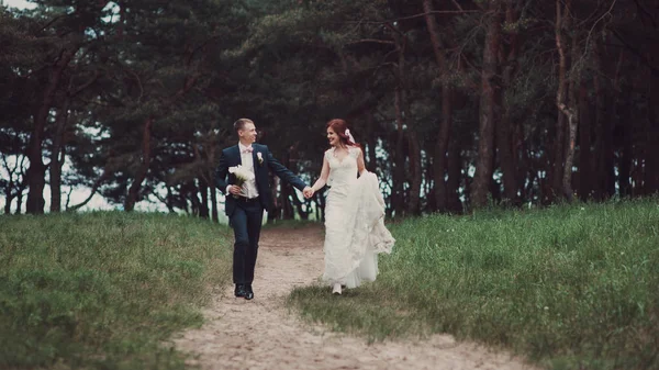 Esküvő a tűlevelű erdő. Vőlegény és menyasszony, futás . — Stock Fotó
