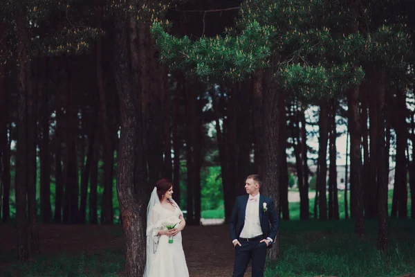 Aantrekkelijke paar jonggehuwden permanent in een groen bos. Gelukkig en vreugdevol moment. — Stockfoto