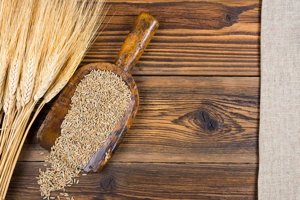 古い小麦粉シャベル粒は画像の右側の部分にコピー スペースを持つ素朴な木製の背景に乾燥した穀物の耳 — ストック写真