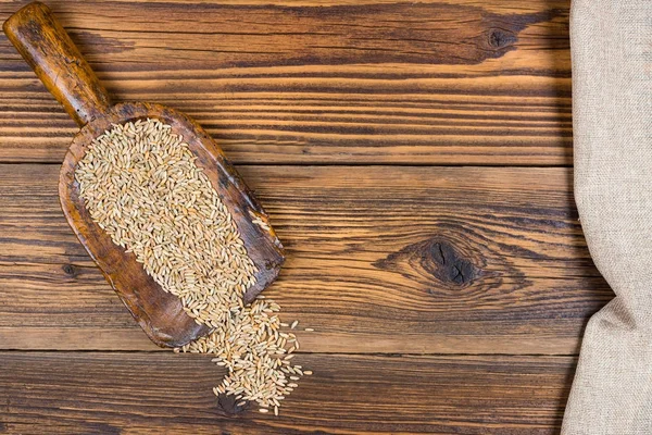 Vieille pelle à farine avec grain sur un fond de bois rustique avec espace de copie dans la partie droite de l'image — Photo