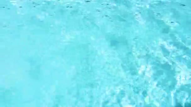 夏の光のプールの透明な水の上で右から左へ泳いでいる青いゴム製のアヒル — ストック動画