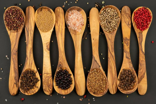 Spice Food Background Made Various Spices Cooking Spoons Made Olive — Stock Photo, Image