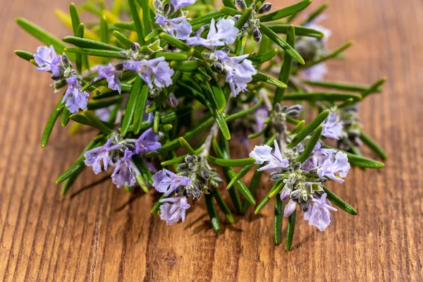 Fris Paars Bloeiende Rozemarijn Takjes Een Rustieke Houten Achtergrond — Stockfoto