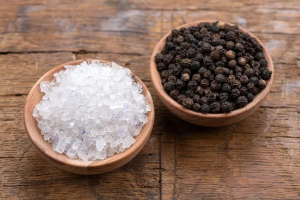 Coarse Crystal Salt Whole Black Peppercorns Small Wooden Bowls Rustic — Stock Photo, Image