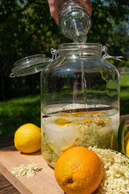 Votkayı taze elder çiçekleri, portakallar, limon dilimleri, şeker ve yaşlı çiçek likörü için vanilya kabıyla birlikte büyük muhafaza kavanozuna dök.