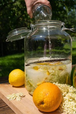 Votkayı taze elder çiçekleri, portakallar, limon dilimleri, şeker ve yaşlı çiçek likörü için vanilya kabıyla birlikte büyük muhafaza kavanozuna dök.