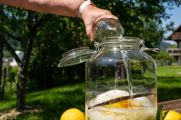 Despeje Vodka Grande Pote Preservação Com Flores Sabugueiro Frescas Laranjas — Fotografia de Stock