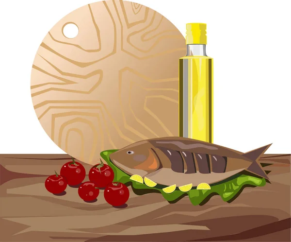 Риба, оливкова олія та помідори . — стоковий вектор