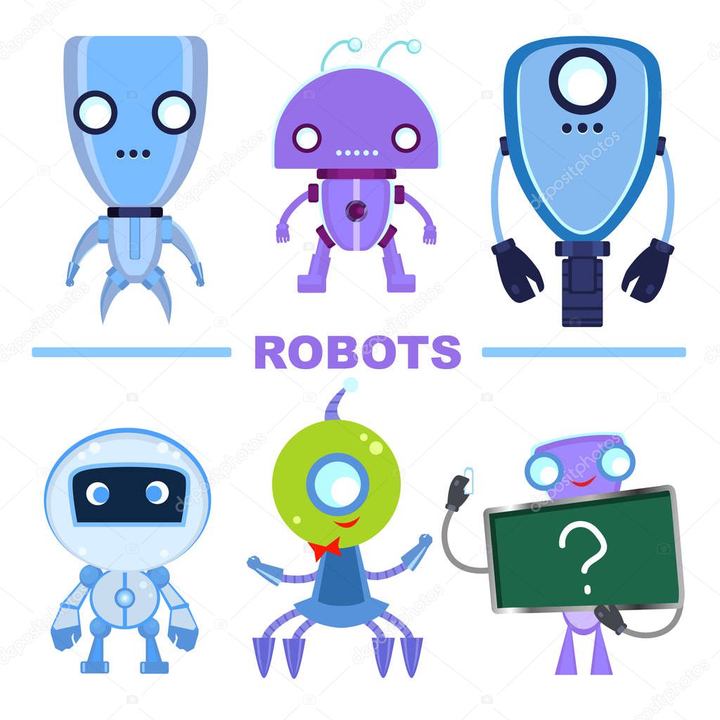 Set of modern robot characters. Multicolored robots isolated on a white background.