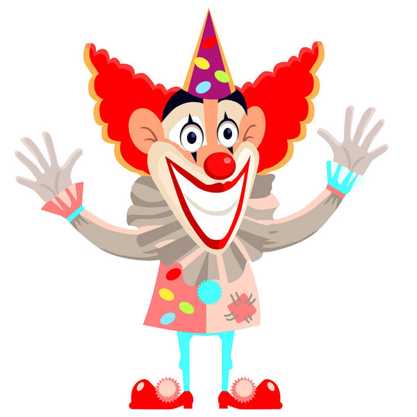 Jolly clown smiles and waves his hands. Clown in a red wig isolated on a white background.