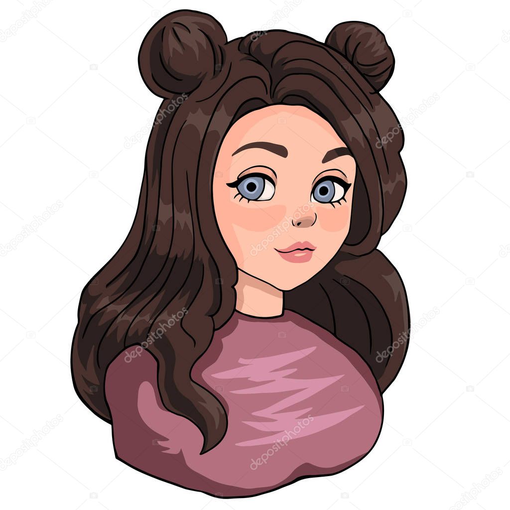 Brunette girl with a hairstyle in the form of bundles isolated on a white background.