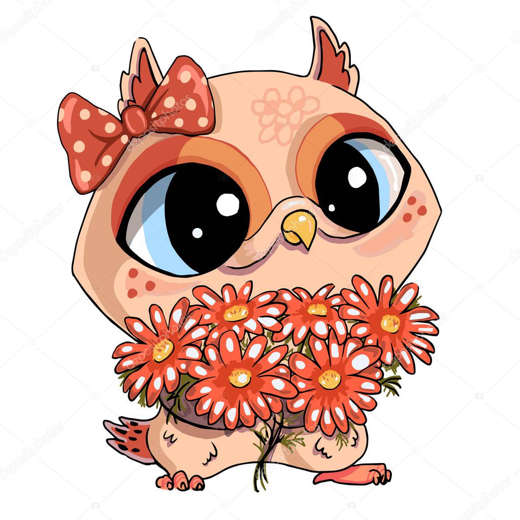 Cute orange owl with a bouquet of orange flowers isolated on a white background.