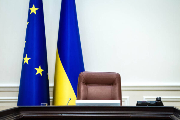 Empty chair of the Prime Minister of Ukraine in the Cabinet of Ministers meeting room in Kiev, Ukraine