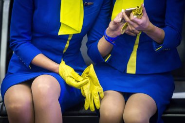 Stewardesses view photos on the smartphone screen at the international airport Borispol in Kiev clipart