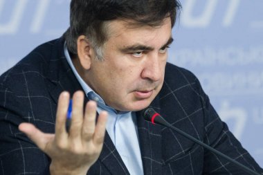 Kiev, Ukrayna - 13 Ekim 2017: Gürcistan ve Ukrayna politikacı Mihail Saakaşvili sırasında düzenlediği basın toplantısında Kiev, Ukrayna.