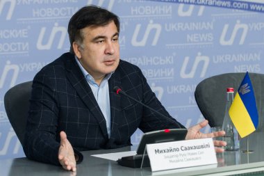 Kiev, Ukrayna - 13 Ekim 2017: Gürcistan ve Ukrayna politikacı Mihail Saakaşvili sırasında düzenlediği basın toplantısında Kiev, Ukrayna.