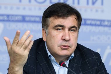 Kiev, Ukrayna - 13 Ekim 2017: Gürcistan ve Ukrayna politikacı Mihail Saakaşvili sırasında düzenlediği basın toplantısında Kiev, Ukrayna.