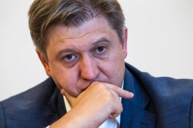 Kiev, Ukrayna bir brifing sırasında Ukrayna Oleksandr Danyliuk, Maliye Bakanı