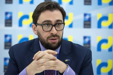 Kiev, Ukrayna - 27 Aralık 2017: Kafa, Nato ofiste Ukrayna Oleksandr Vinnykov sırasında bir brifing Kiev, Ukrayna.