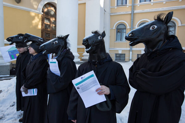 KIEV, UKRAINE - March 5, 2018: Protest action of anti-corruption organizations during the judges' congress in Kiev, Ukraine. Horse heads symbolize corrupt candidates in the judiciary.