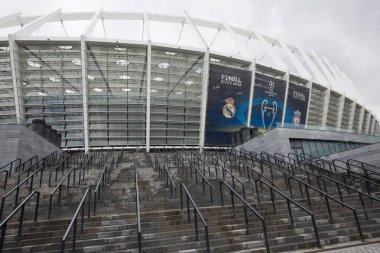 Kiev, Ukrayna - 14 Mayıs 2018: Görünüm Milli güvenlik Olimpiyat Stadyumu, Uefa Şampiyonlar Ligi-2018 yılında Kiev, Ukrayna final maçı arifesinde.