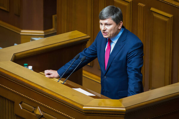 Ukrainian lawmaker and head of the Petro Poroshenko Blocs parliamentary faction Artur Herasymov speaks at a parliament session in Kyiv, Ukraine