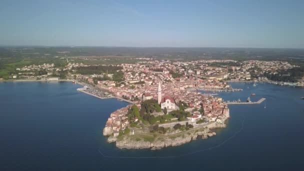Aerial Panorama Den Gamla Staden Rovinj Istrien Kroatien — Stockvideo