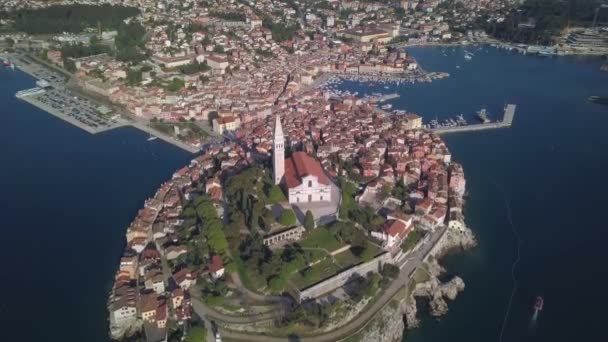 Luchtfoto Panorama Van Het Oude Stadscentrum Van Rovinj Primorje Gorski — Stockvideo