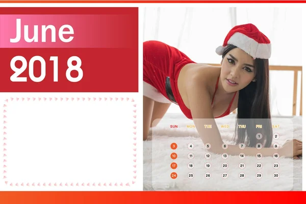 Calendar of 2018, Beautiful happy woman in sexy red clothes. — Stock Photo, Image