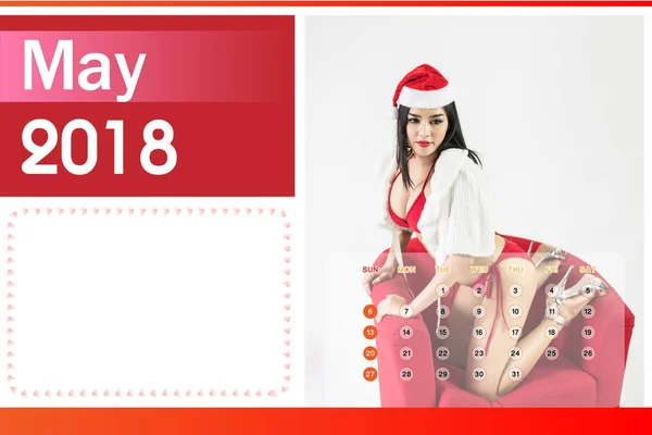 Calendário de 2018, bela mulher feliz em roupas vermelhas sexy . — Fotografia de Stock