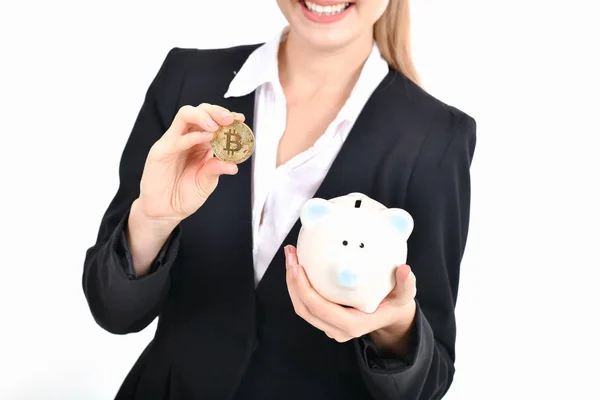 Bit-coin business concept. Beautiful businesswoman is counting h — Stock Photo, Image