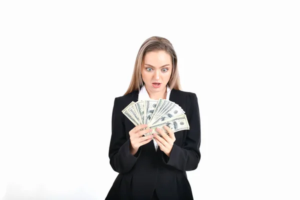 Business concept. Beautiful businesswoman is counting her money. — Stock Photo, Image