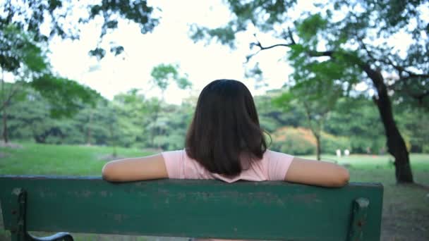 Holiday Concept Girl Sitting Back Look Nature Garden Resolution — Stock Video