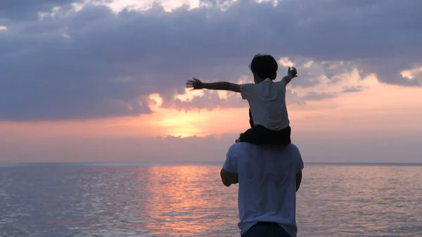 Concetto vacanza. La silhouette del figlio che cavalca sul retro di — Foto Stock