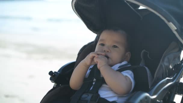 Conceito Férias Bebê Asiático Carrinho Inocente Praia Resolução — Vídeo de Stock