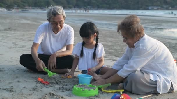 Концепция Праздника Дедушка Бабушка Племянница Играют Песке Пляже Разрешение — стоковое видео