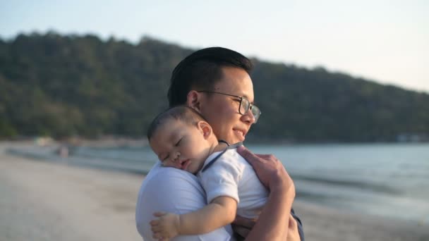 Urlaubskonzept Eltern Wiegen Das Baby Ein Damit Strand Schläft Auflösung — Stockvideo