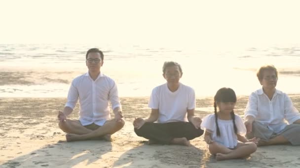 Concept Vacances Une Grande Famille Pratiquant Yoga Ensemble Bord Mer — Video