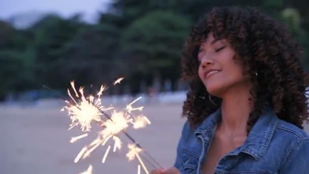 Holiday Concept Beautiful Woman Playing Fireworks Beach Resolution — Stock Video