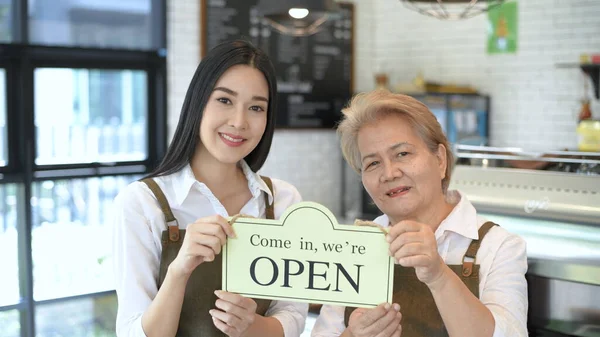 Coffee Shop Concept Coffee Shop Owner Raising Sign Opening Service — Stock Photo, Image