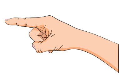 El işaret parmağı ile. İzole çekilmiş siyah kontur cilt renkle doldurulmuş bir el. Çizim oluşan siyah kontür ve ten rengi bir dokunuş. Hiçbir arka plan çizimi izole edilmiştir.