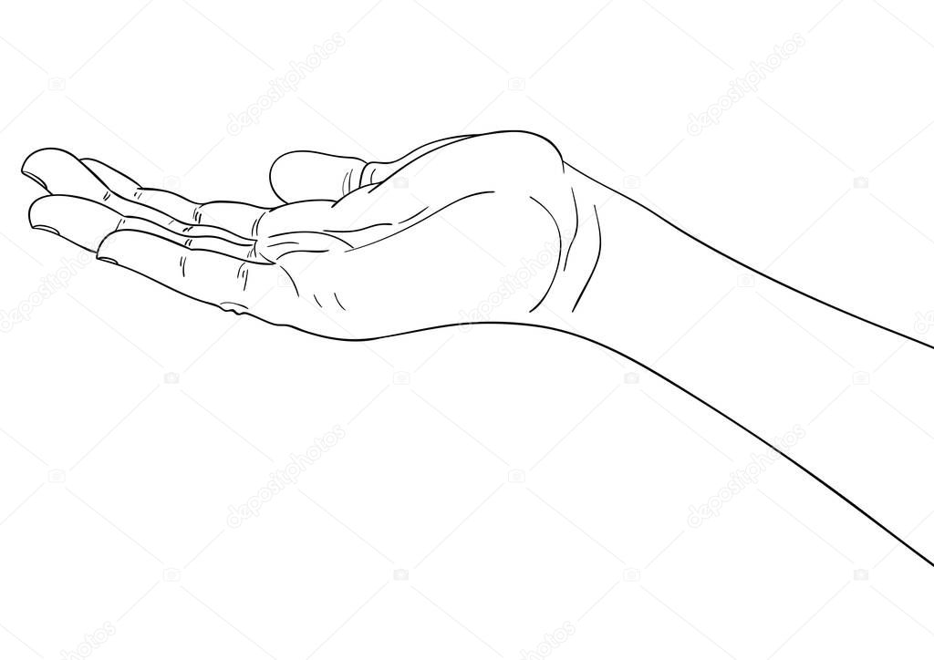 Outstretched arm with palm up. Black contour without color filling of an outstretched hand on the transparent background, isolated. 