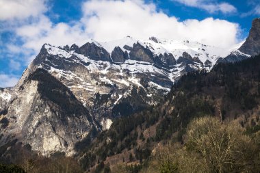Dağ kayalar ve bahar orman portre. Dağ kayalar ve bahar orman portre. Beyaz bulutlar kar buzlu mavi gökyüzünde aracılığıyla güneş parlar. Ön planda orman üzerine bir dağdır.