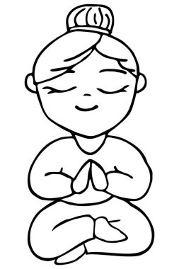 Hoş bir illüstrasyon. Yoga yapan bir kadın, bacak bacak üstüne atmış oturuyor. Çocuklar ve yetişkinler için illüstrasyon, yoga stüdyosu, logo, logo, simge. Vektör. Çizgi film. Çizgi roman. Çizgi.