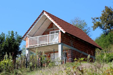 Kırmızı bloklar dar üzüm bağı kulübesi, küçük tepenin yanında beyaz ön balkon, yoğun ekilmiş üzüm bağları ve açık mavi gökyüzü arka planında kesilmemiş çimlerle çevrili.