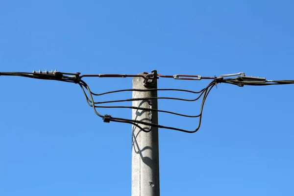 Two Thick Bunches Black Electrical Wires Connected Top Concrete Utility — 스톡 사진