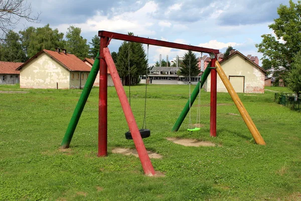 Vintage Retro Colorful Wooden Outdoor Public Playground Equipment Shape Swing — Stock Photo, Image
